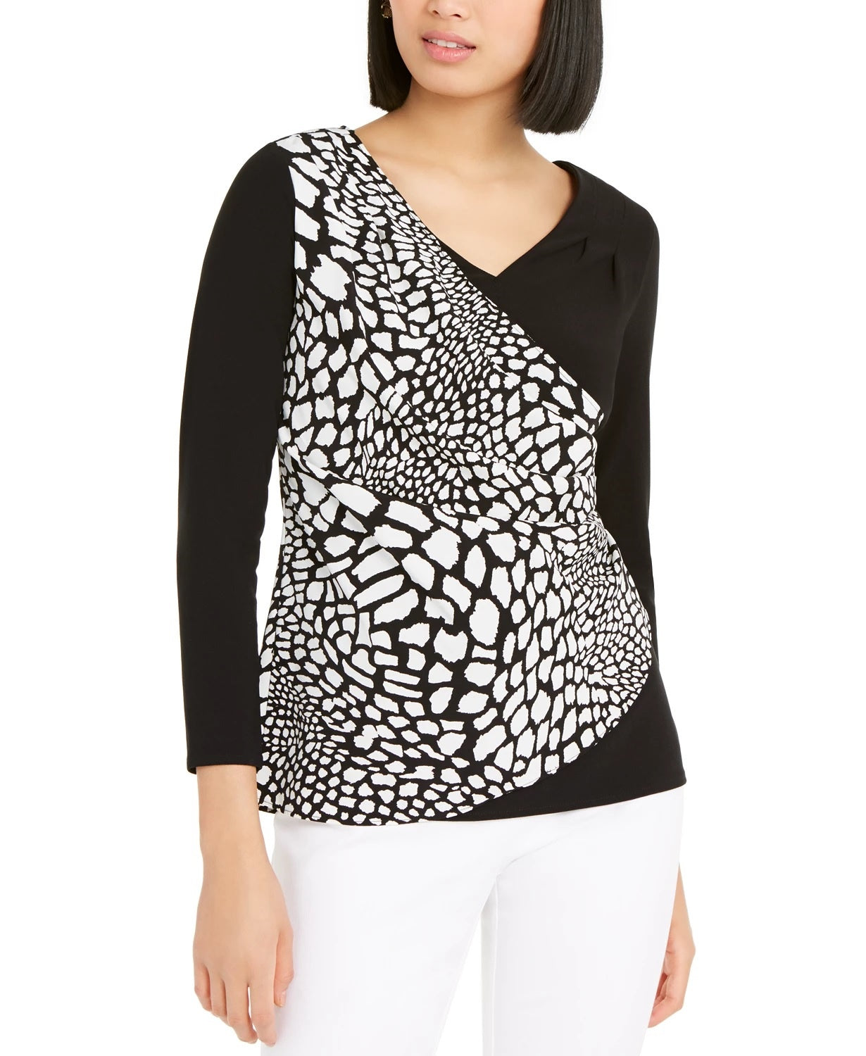 Alfani Women's Patterned Long Sleeve V Neck Wrap Top Black Size XX-Large