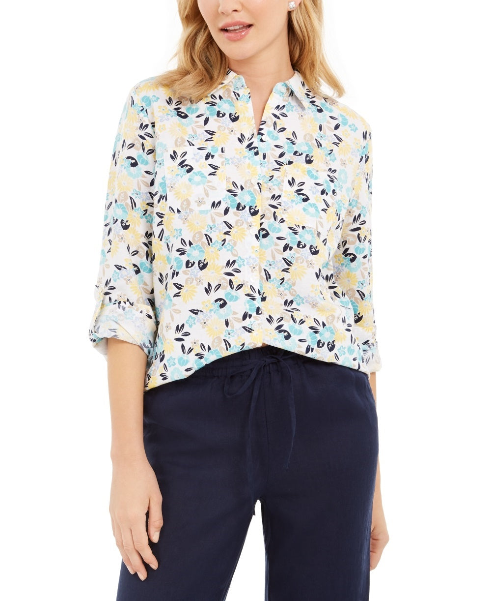 Charter Club Women's Printed Button Front Linen Blend Top White Size Petite Medium