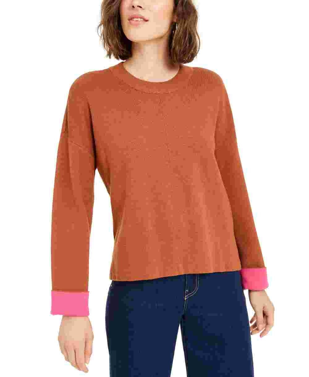 Bar III Women's Becca Tilley x Contrast-Cuff Crewneck Sweater Orange Size Medium