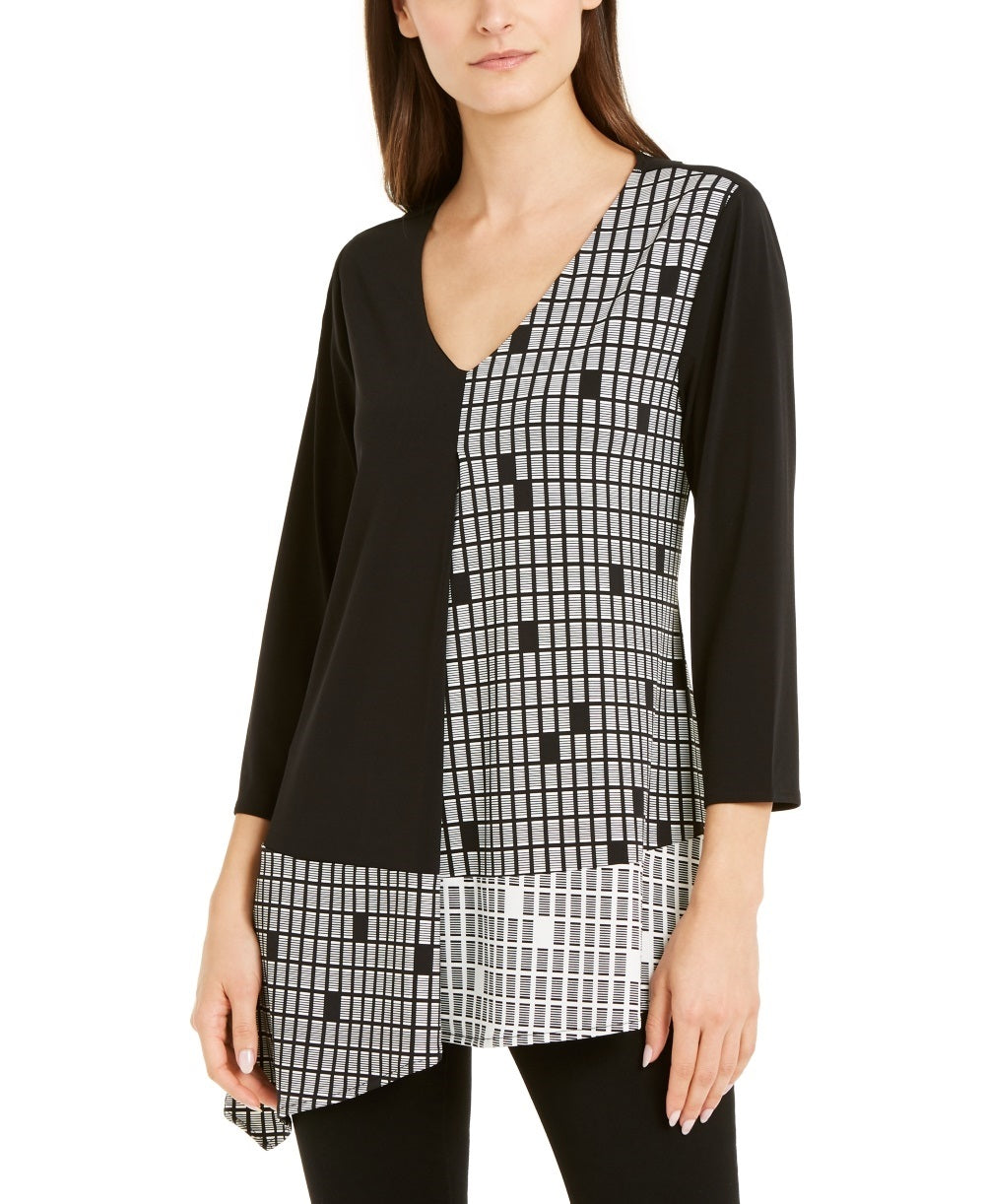 Alfani Women's Mixed Print Asymmetrical Hem Top  Black Size Petite Small