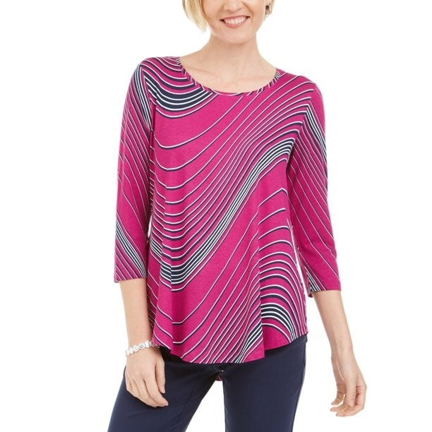JM Collection Women's Swirl-Print 3/4-Sleeve T-Shirt Pink Size Small