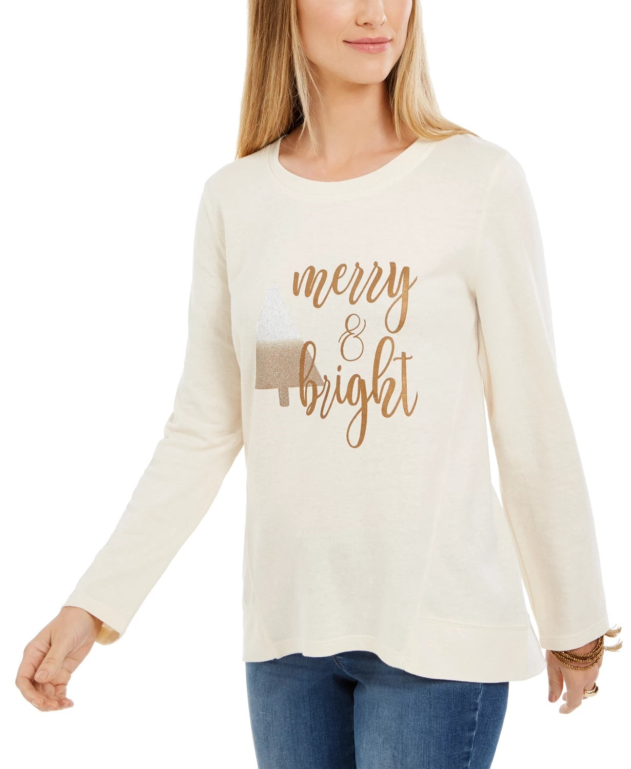 Style & Co Women's Metallic Graphic Sweatshirt Beige Size Small