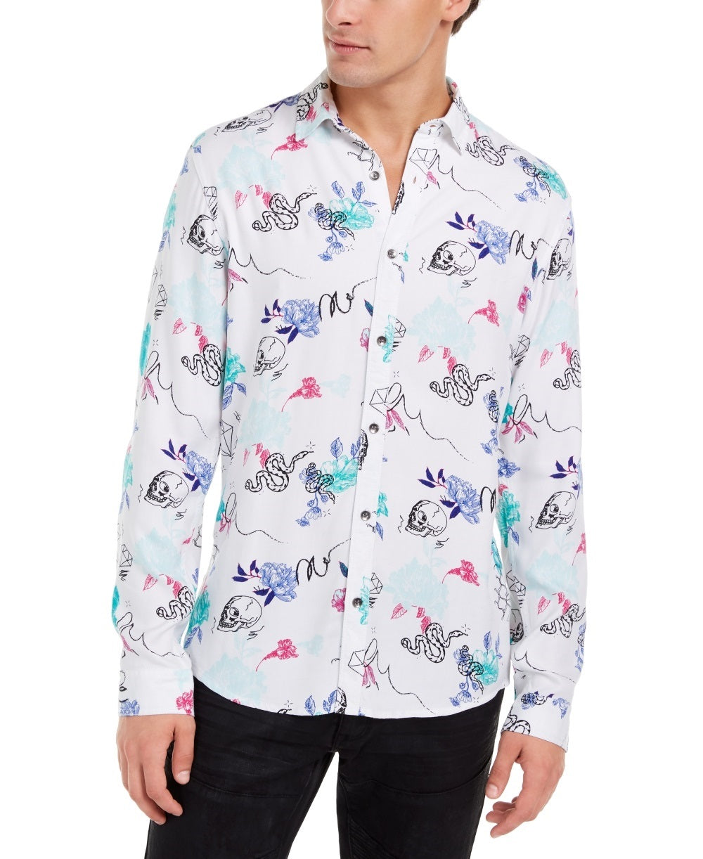 INC International Concepts Men's Shirt Tropical Print Sketch White Size Small
