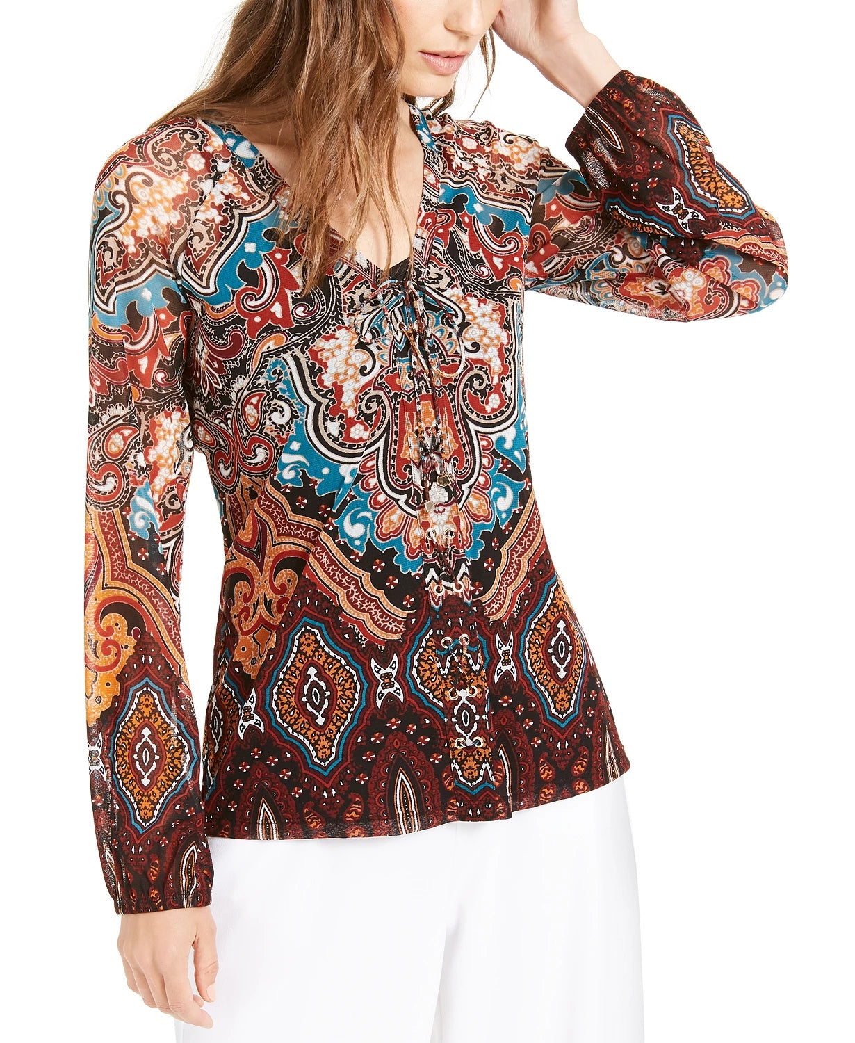 INC International Concepts Women's Printed Lace-Up Top Blue Size X-Small