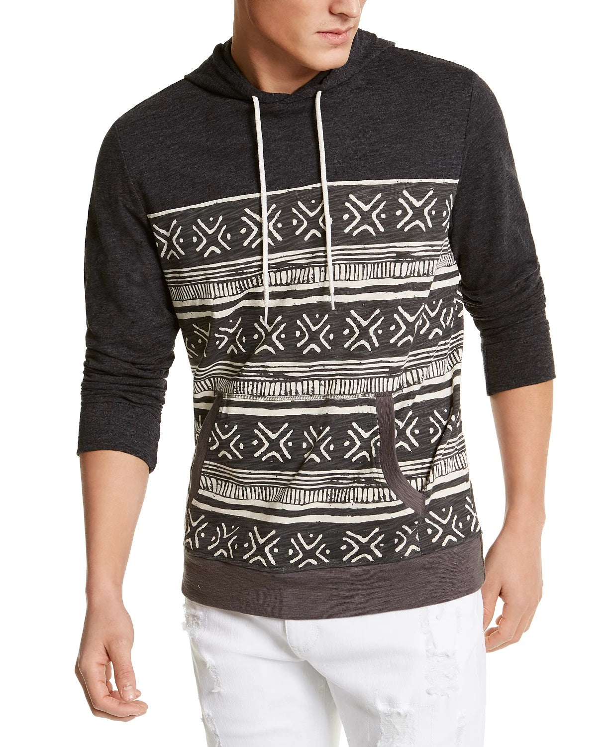 Sun + Stone Men's Striped Printed Hoodie Black Size Large