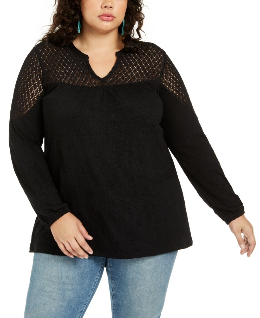 Style & Co Women's Plus Lace Shoulders Textured Blouse Black Size 0X