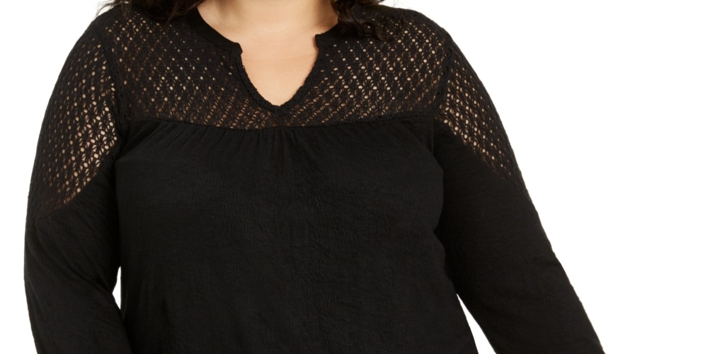 Style & Co Women's Plus Lace Shoulders Textured Blouse Black Size 0X
