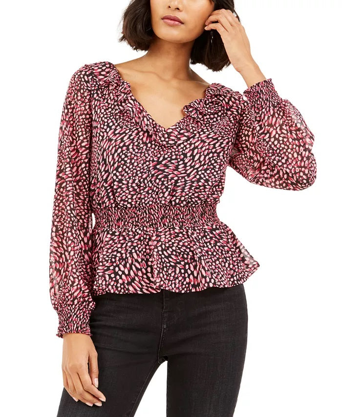 Bar III Women's Ditsy Print Low Back Ruffled Top Red Size XX-Large