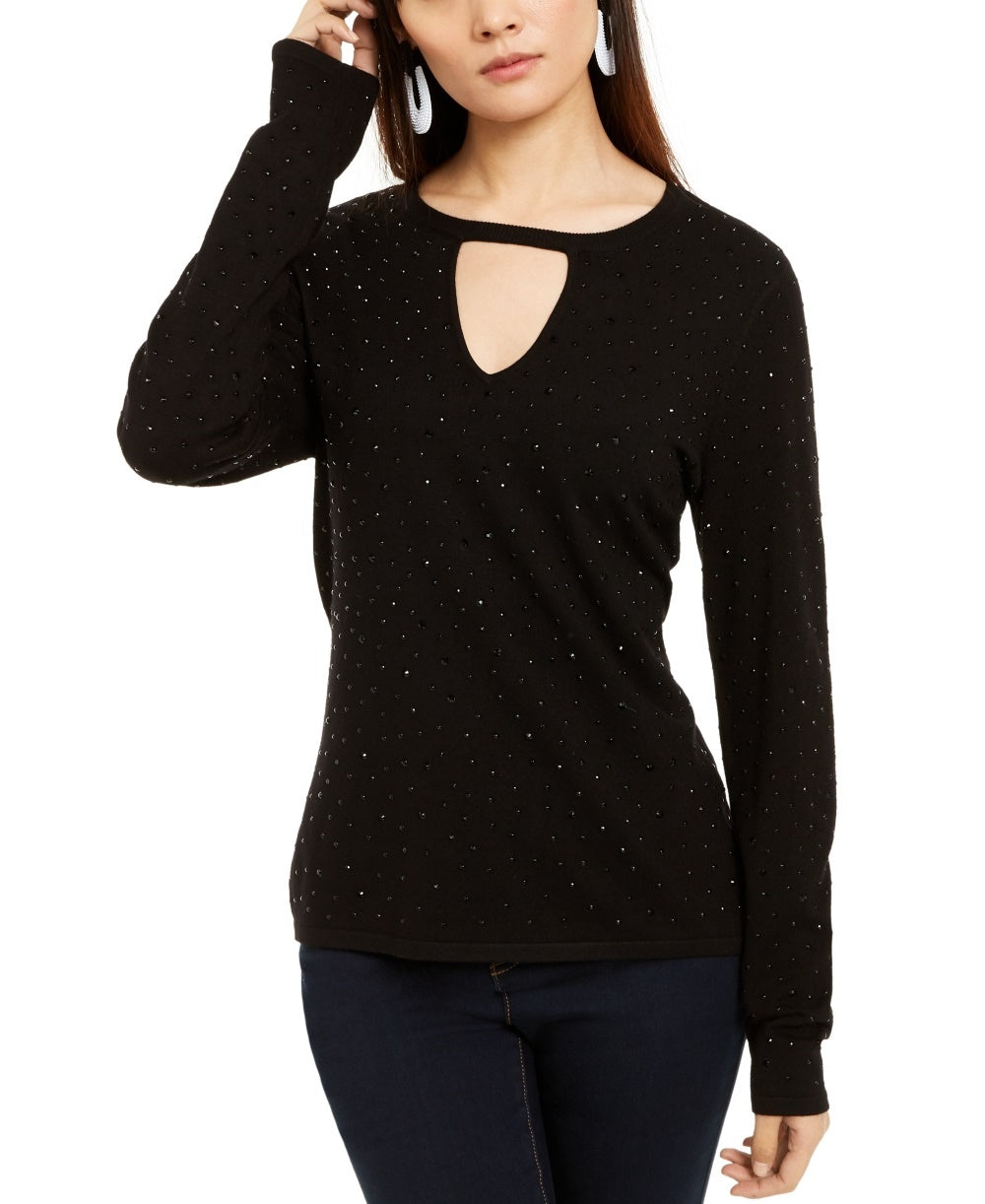 INC International Concepts Women's Embellished Keyhole Sweater Black Size Medium