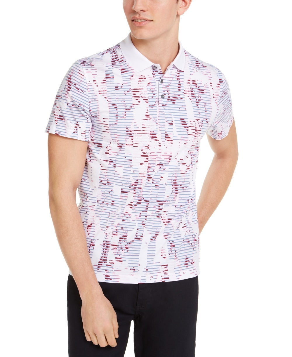 Alfani Men's Ribbed Trim Printed Polo Shirt White Size Large