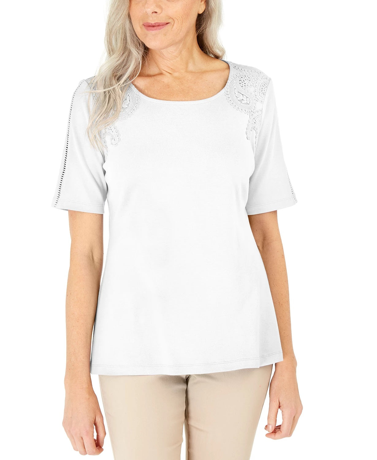 Karen Scott Women's Cotton Crochet Front Top White Size Small