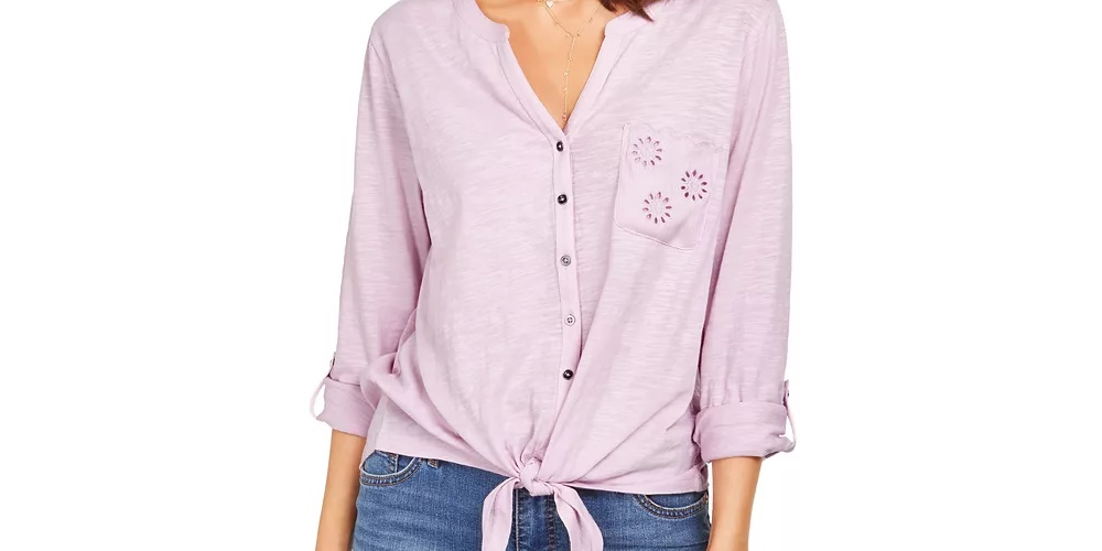 Style & Co Women's Eyelet Pocket Tie Front Top Pink Size Small
