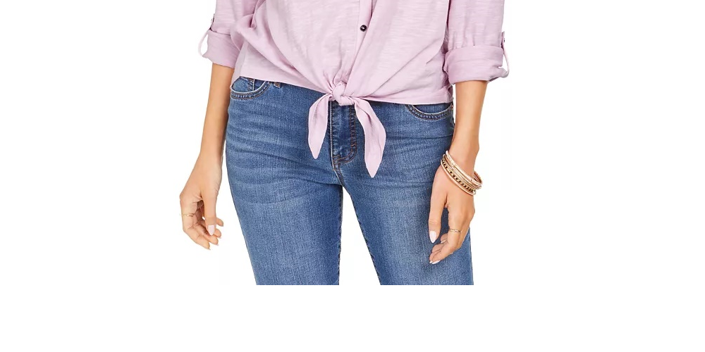 Style & Co Women's Eyelet Pocket Tie Front Top Pink Size Small