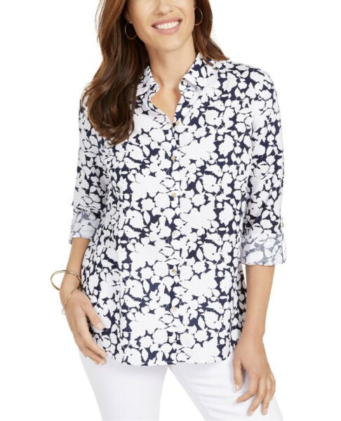 Charter Club Women's Printed Roll Sleeve Linen Blend Top Blue Size Small