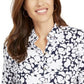 Charter Club Women's Printed Roll Sleeve Linen Blend Top Blue Size Small