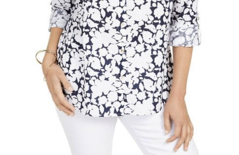Charter Club Women's Printed Roll Sleeve Linen Blend Top Blue Size Small