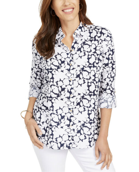 Charter Club Women's Printed Roll Sleeve Top Blue Size X-Small