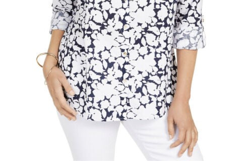 Charter Club Women's Printed Roll Sleeve Top Blue Size X-Small
