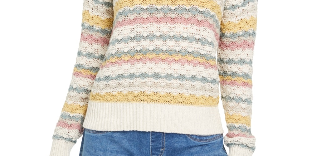 Style & Co Women's Striped Bubble Stitch Sweater  Beige Size Petite X-Large