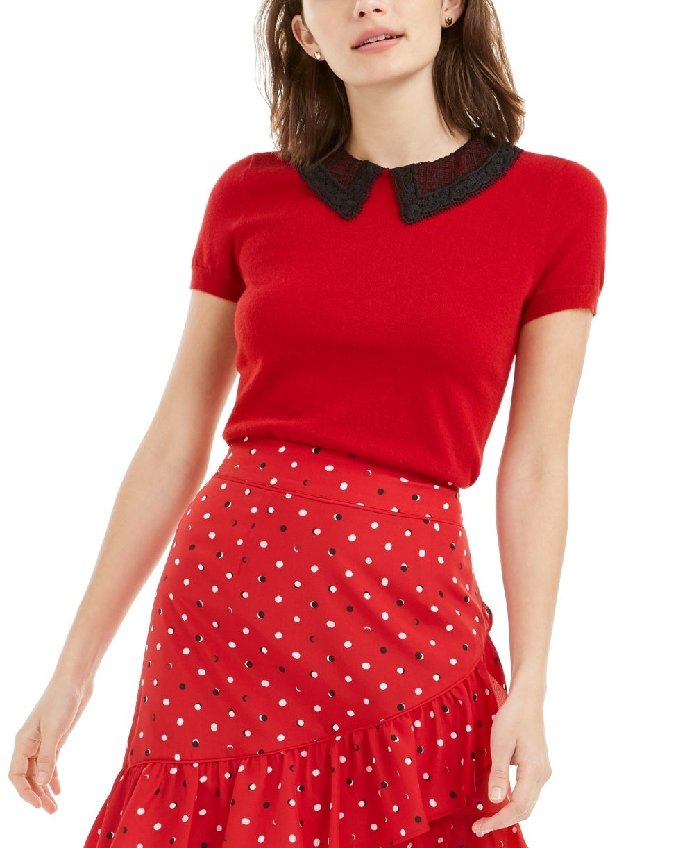 Maison Jules Women's Lace Contrast Collar Top Red Size X-Small