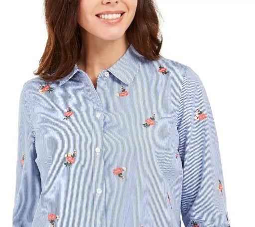 Charter Club Women's Printed Woven Shirt White Size Small