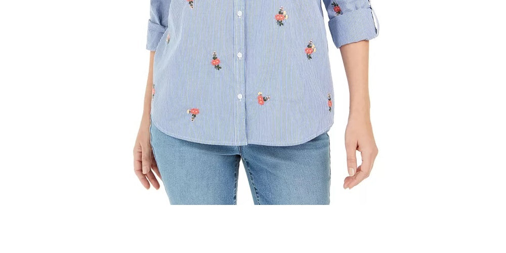 Charter Club Women's Printed Woven Shirt White Size Small