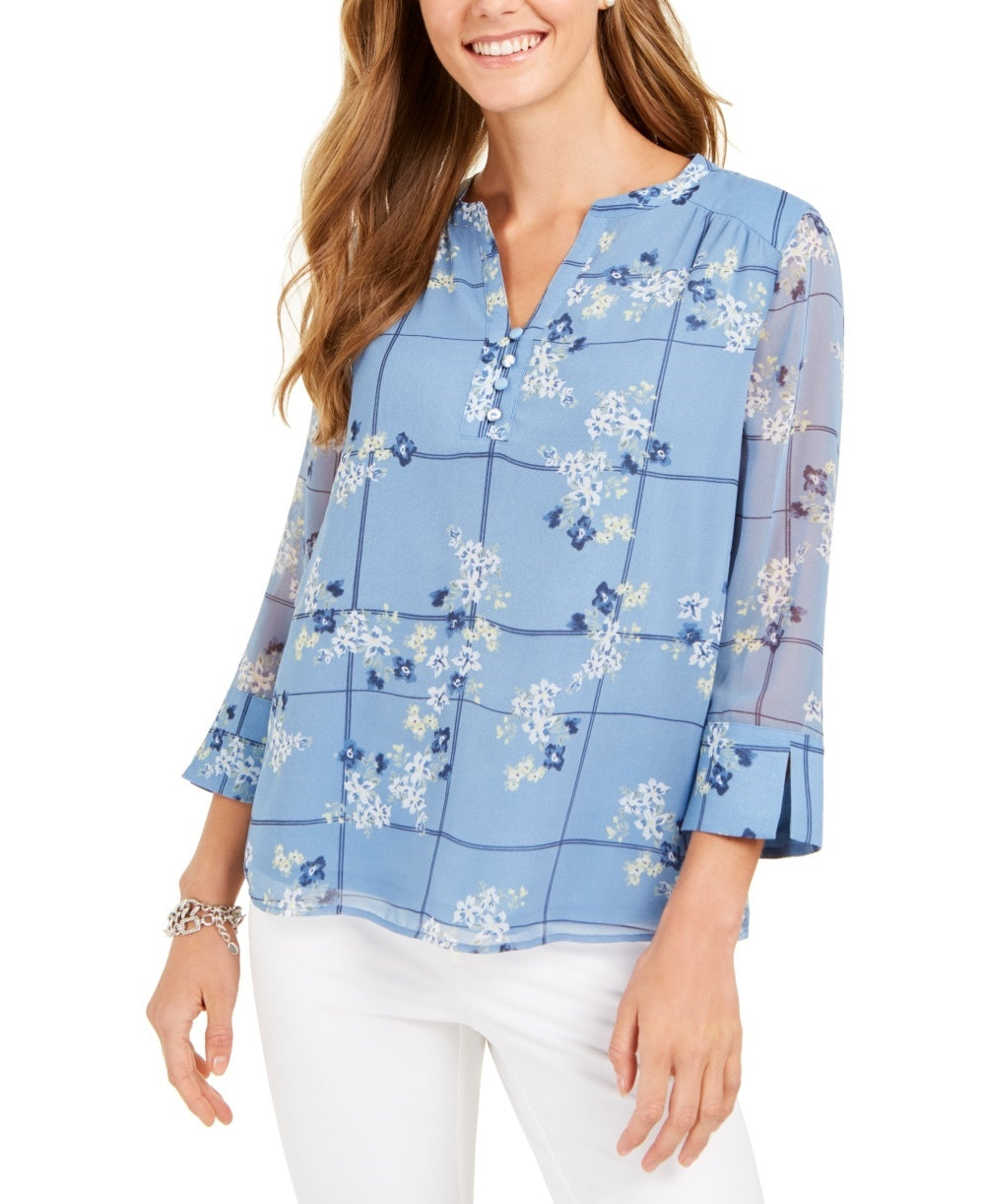 Charter Club Women's Printed Split Sleeve Knit Tunic Top Blue Size X-Large