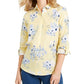 Charter Club Women's Floral Print Linen Blend Shirt Yellow Size Medium