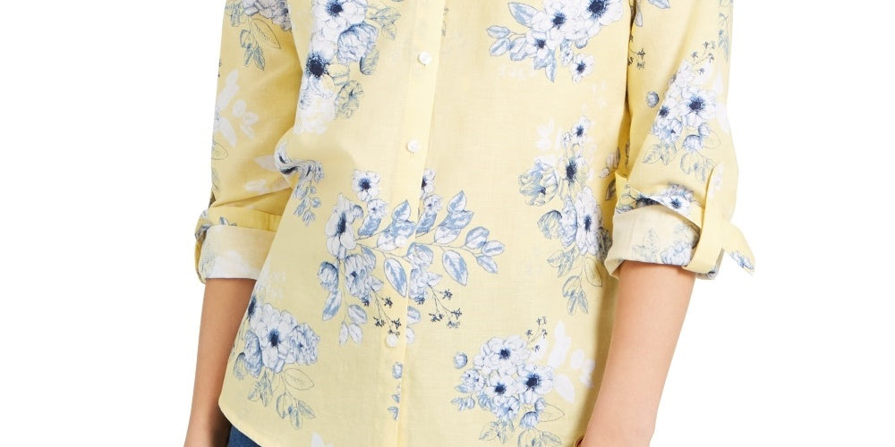 Charter Club Women's Floral Print Linen Blend Shirt Yellow Size Medium
