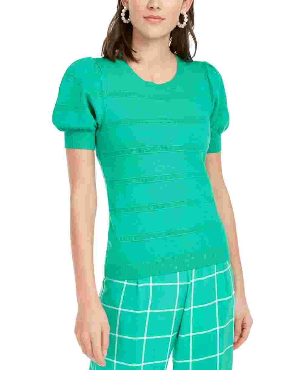 Maison Jules Women's Green Pouf Crew Neck T-Shirt Top Dark Green Size X-Small