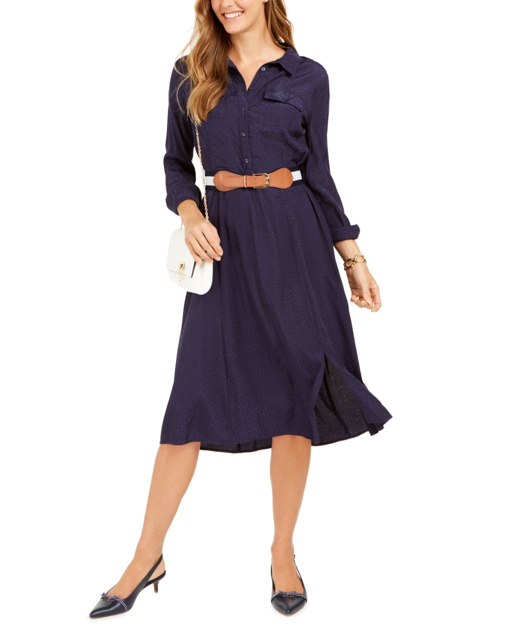 Charter Club Women's Jacquard Dot Button Front Belted Dress Blue Size X-Large