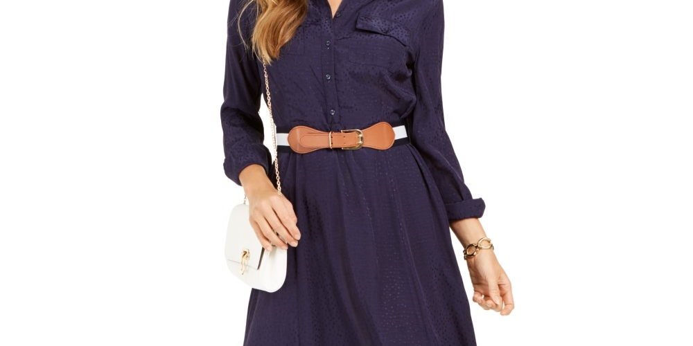Charter Club Women's Jacquard Dot Button Front Belted Dress Blue Size X-Large