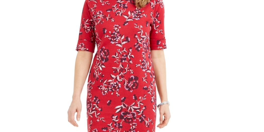 Karen Scott Women's Printed Boat Neck Dress Red Size Small