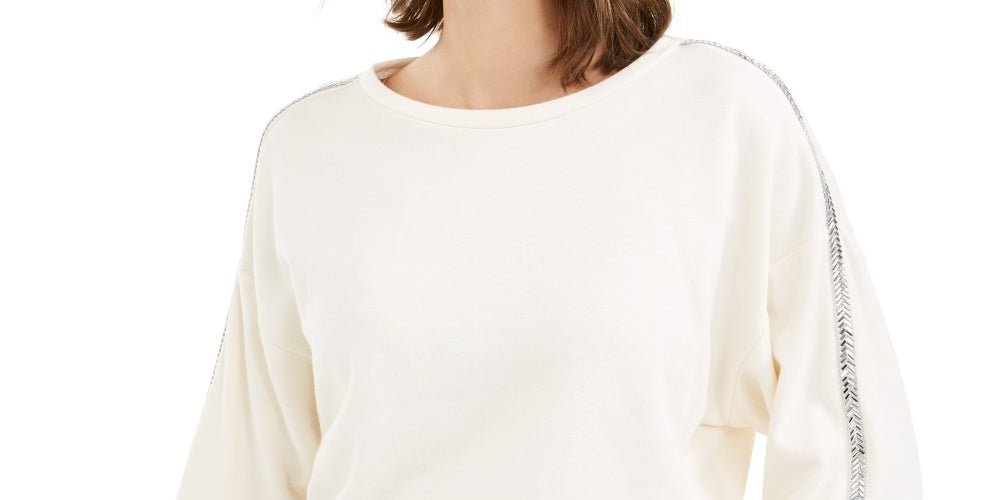 Bar III Women's Ivory Embellished Long Sleeve Jewel Neck T-Shirt Top White Size X-Small