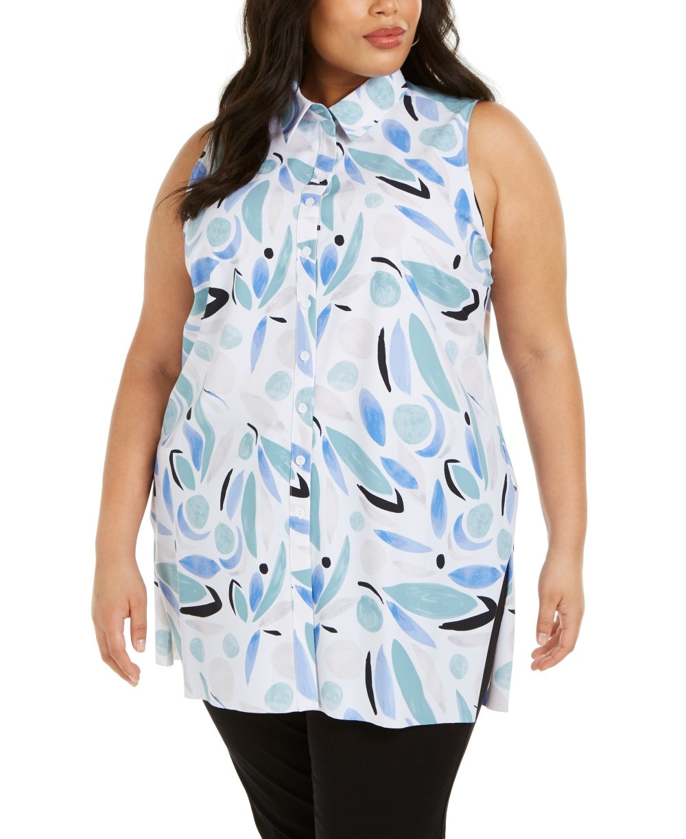 Alfani Women's Plus Butto Front Printed Tunic Navy Size 1X