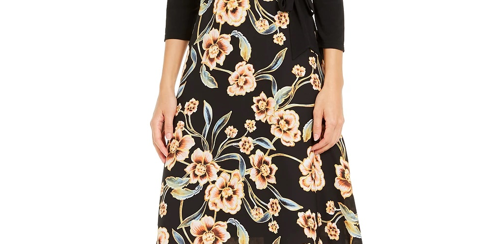 INC International Concepts Women's Tie Side Printed Skirt Dress Black Size 12