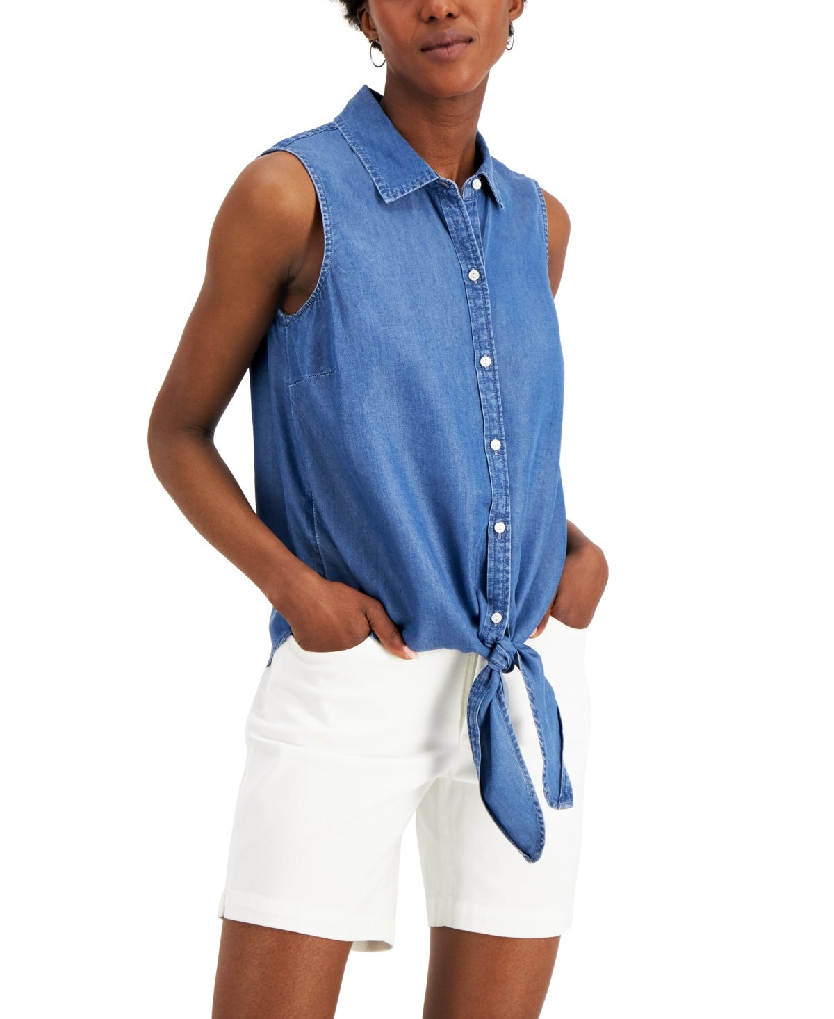 Charter Club Women's Cotton Tie Hem Sleeveless Shirt Blue Size 12