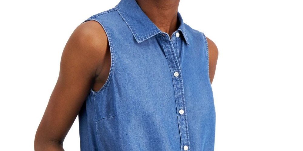 Charter Club Women's Cotton Tie Hem Sleeveless Shirt Blue Size 12