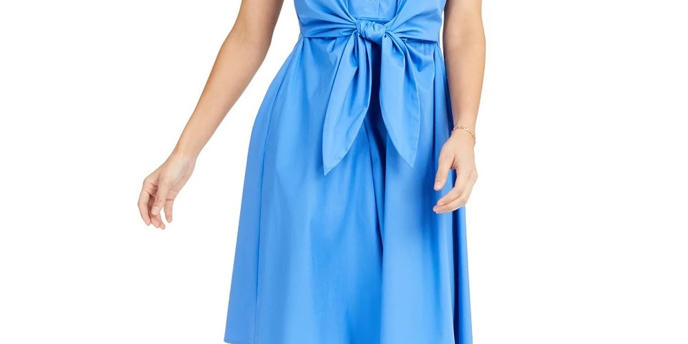 Charter Club Women's Cotton Tie Waist Fit & Flare Dress Blue Size 10