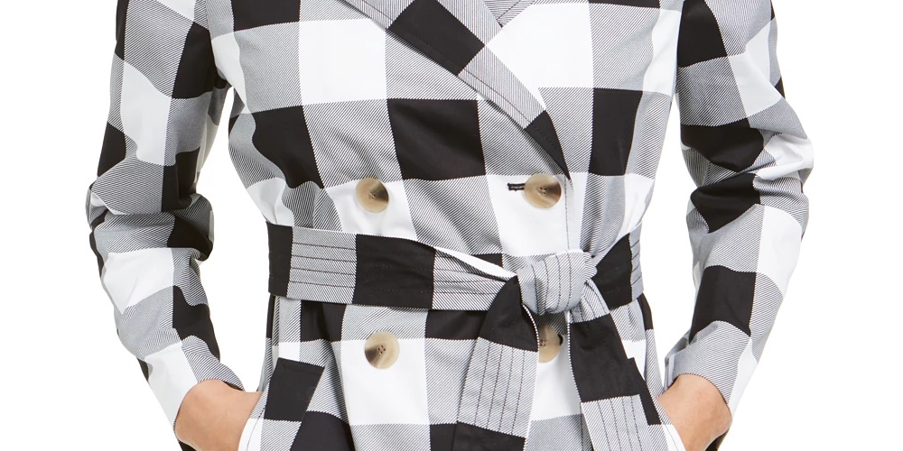 Charter Club Women's Checkered Trench Coat Black Size Large