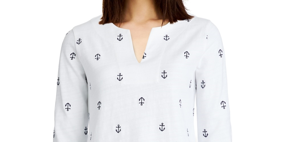 Charter Club Women's Cotton Embroidered Anchor Top  White Size X-Large