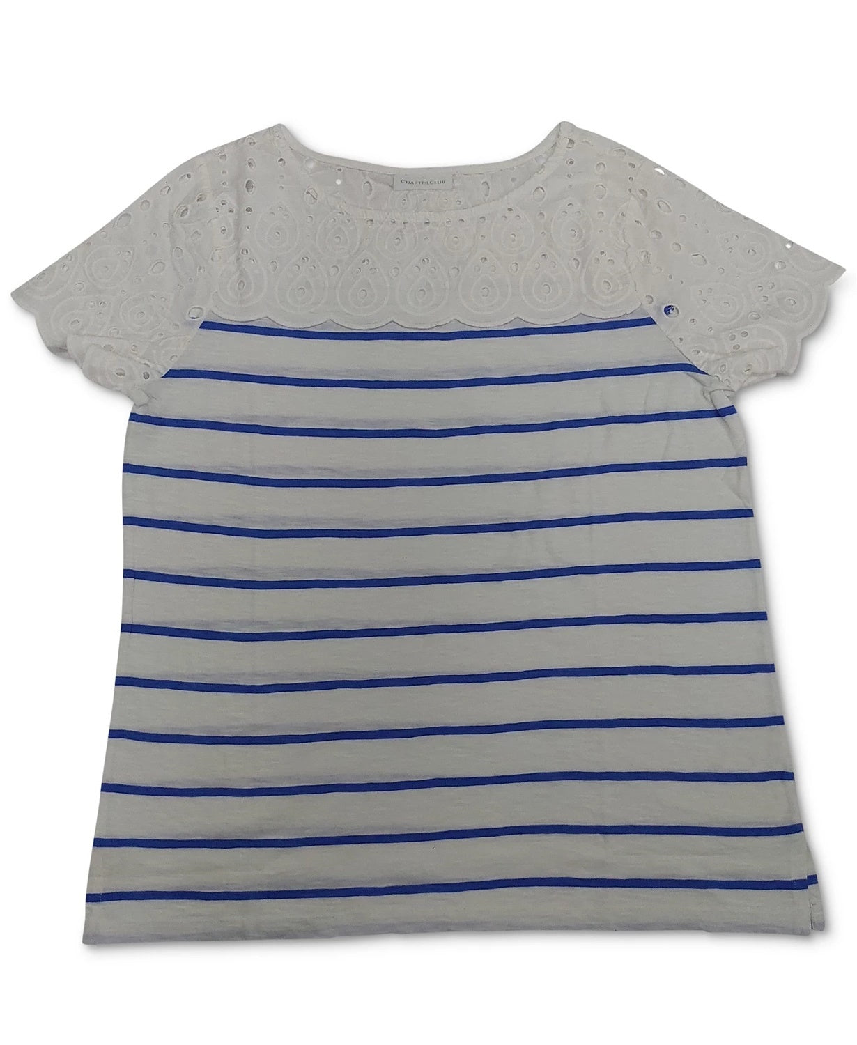 Charter Club Women's Blouse Stripe Eyelet Trim Blue Size Medium
