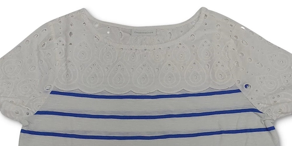 Charter Club Women's Blouse Stripe Eyelet Trim Blue Size Medium