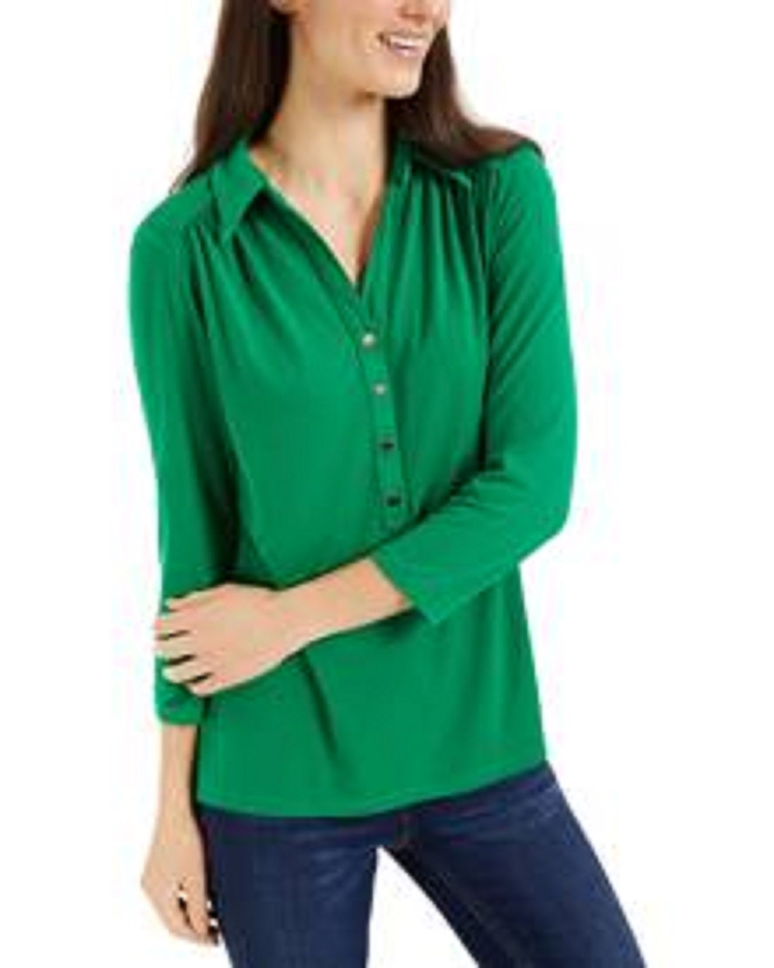 Charter Club Women's 3/4 Sleeve Printed Polo Top Bright Green Size Extra Large