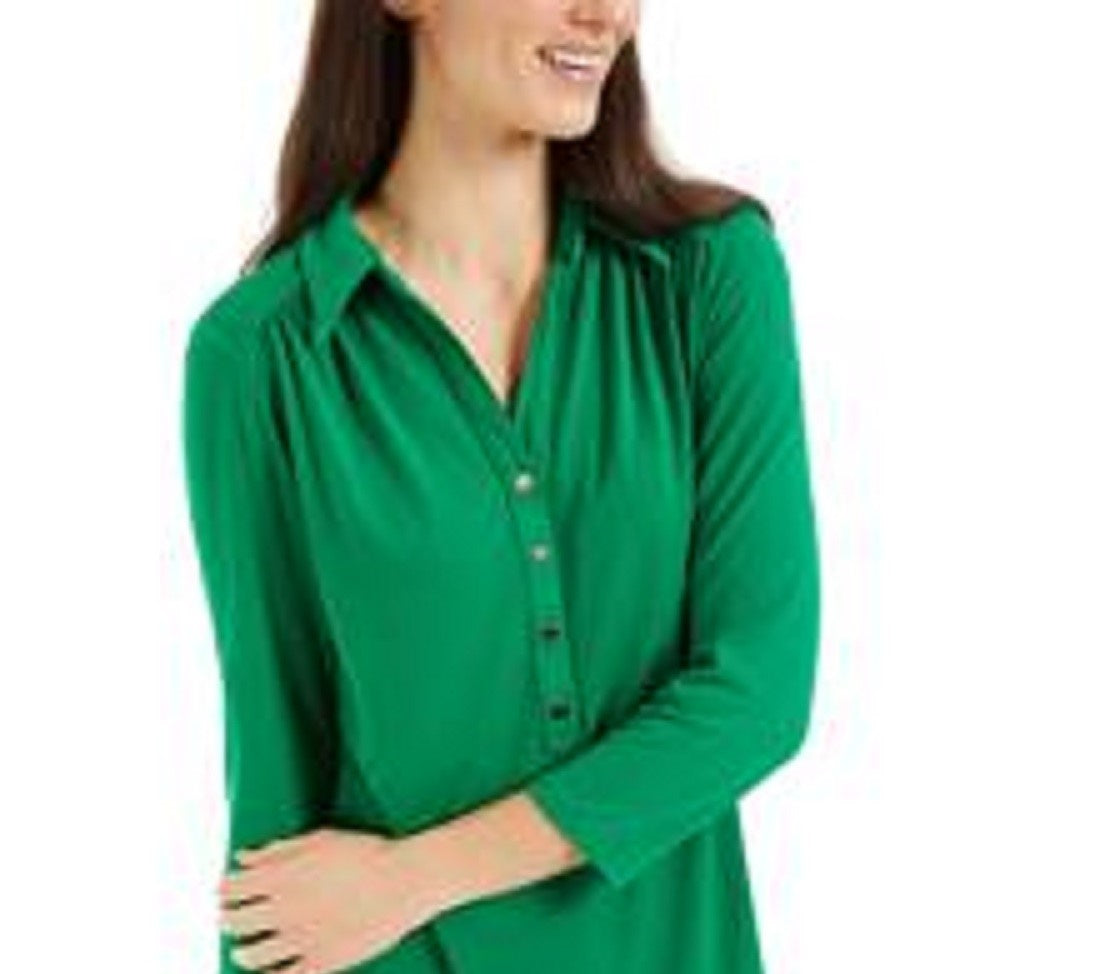 Charter Club Women's 3/4 Sleeve Printed Polo Top Bright Green Size Extra Large