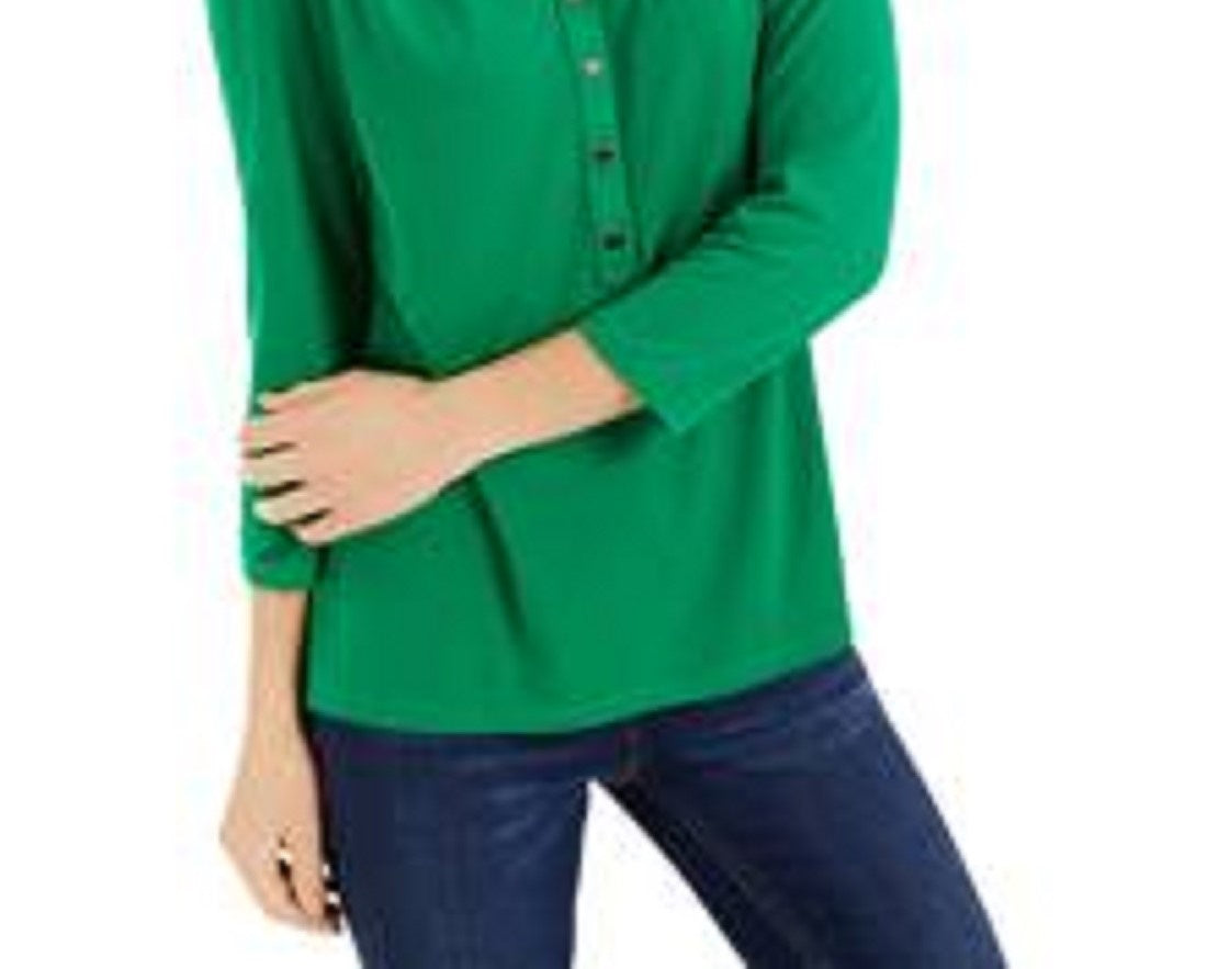 Charter Club Women's 3/4 Sleeve Printed Polo Top Bright Green Size Extra Large