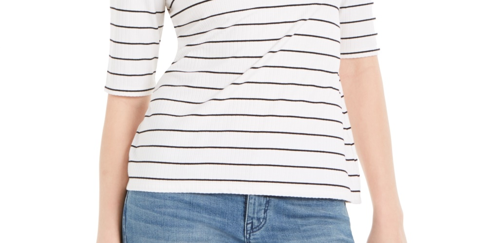 Charter Club Women's Striped Mock Neck Top White Size X-Small