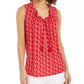 Charter Club Women's Printed Drawstring-Neck Top Red Size Large