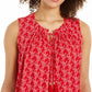 Charter Club Women's Printed Drawstring-Neck Top Red Size Large
