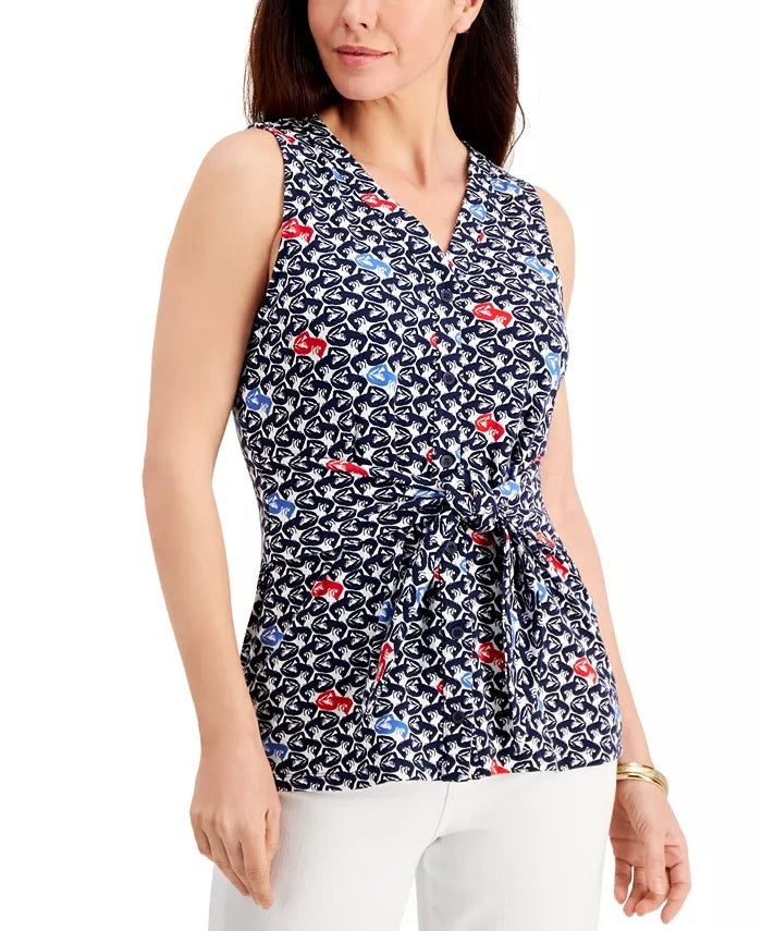 Charter Club Women's Printed Tie-Front Sleeveless Top Blue Size X-Large
